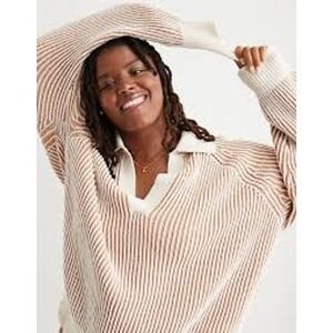 Aerie Sweater Women XS Tan Cream Striped V-Neck Collared Ribbed Oversized